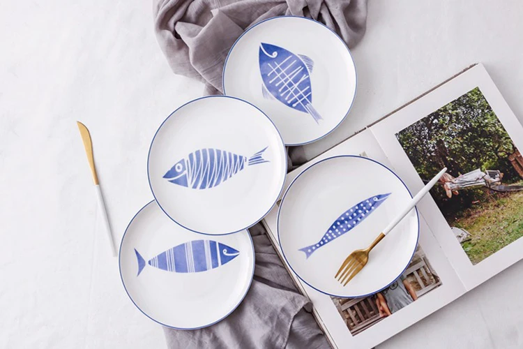 8 Inch Ceramic Flat Plate Bone China Dishes Cute Fish Pattern Porcelain Dinner Dinning Plate Salad Dessert Dish Tray Tableware Gift Dinnerware (4)