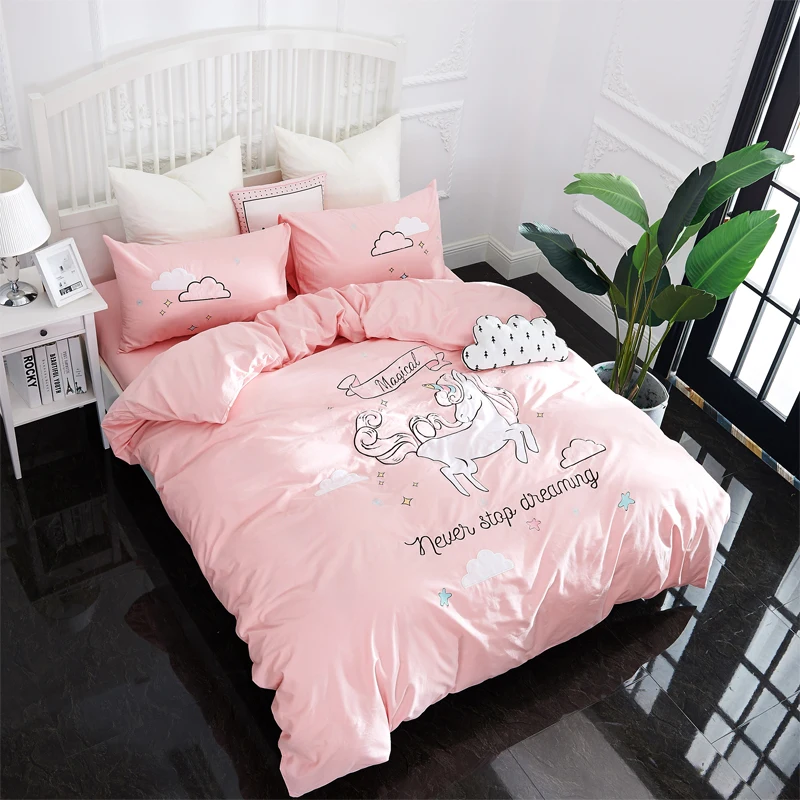 

Papa&Mima Cartoon style unicorn Applique Embroidery bedding set Twin Queen size Cotton duvet cover flatsheet pillowcase sets