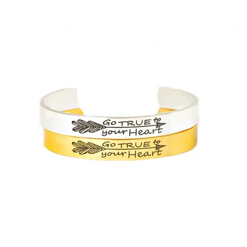 

10PCS Fashion Gold Color Stainless Steel Bangle Engraved Go True To Your Heart with Arrow Inspirational Quote Mantra Bangles BFF