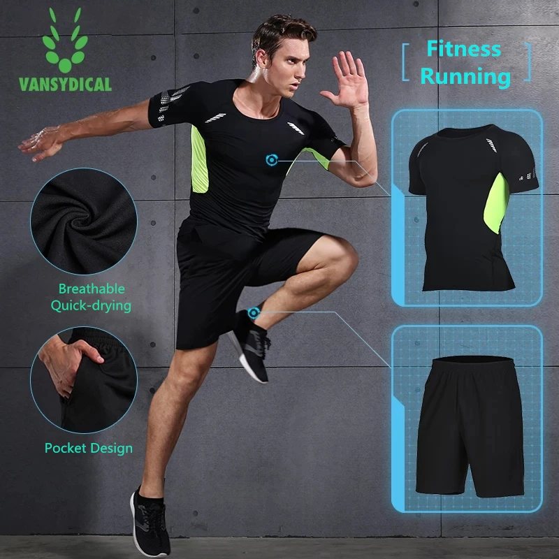 

Vansydical Summer Sports Suit Men's Quick Dry Running Set Fitness Short Sleeve+Shorts Basketball Workout Jogging Gym Sportswear