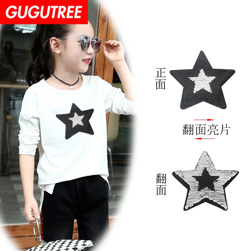 

GUGUTREE embroidery Sequins big star patches grey patches badges applique patches for clothing XC-208