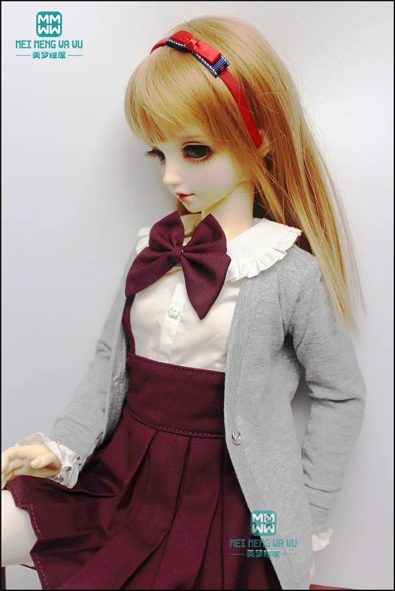 BJD doll clothes fits 1/3 BJD doll fashion white shirt \ bow wine red pleated skirt