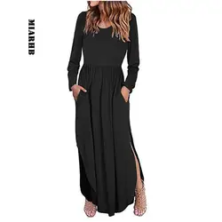 Sunfree femme robe 2019 Новое модное Стильное женское платье однотонное осеннее платье длинное ампир vestidos прямое раздельное платье 3L45