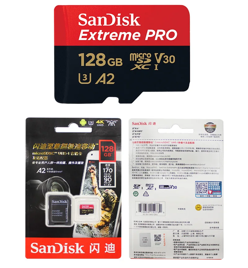 Двойной Флеш-накопитель SanDisk Extreme Pro 170 МБ/с. A2 U3 64 Гб 128 ГБ SDXC V30 черный Слот для карт памяти Micro SD карты MicroSD TF карта с адаптером SD