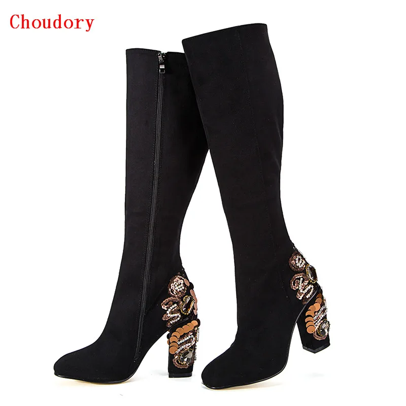 Choudory 2017 Fashion Spring Knee High Boots Women Shinny Crystal Bling Bling Chunky High Heels Embellished Nubuck Leather Shoes