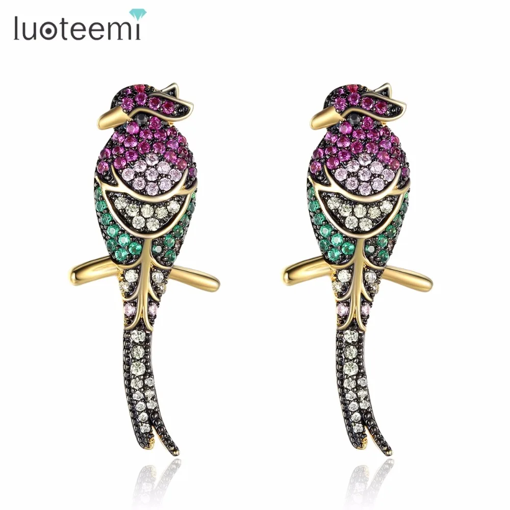 

LUOTEEMI New Fashion Jewelry Uniqie Design Bird Shape Stud Earrings Shining Multi CZ Gold Color Brincos Statement Christmas Gift