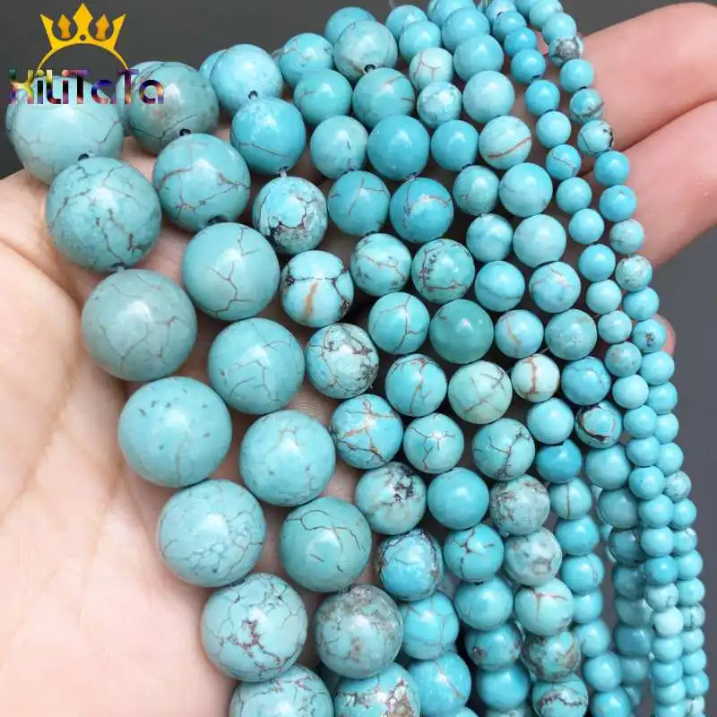 Perles rondes Turquoises en pierre naturelle pour la fabrication de bijoux, accessoires pour colliers, 4/6/8/10/12mm, 15 pouces