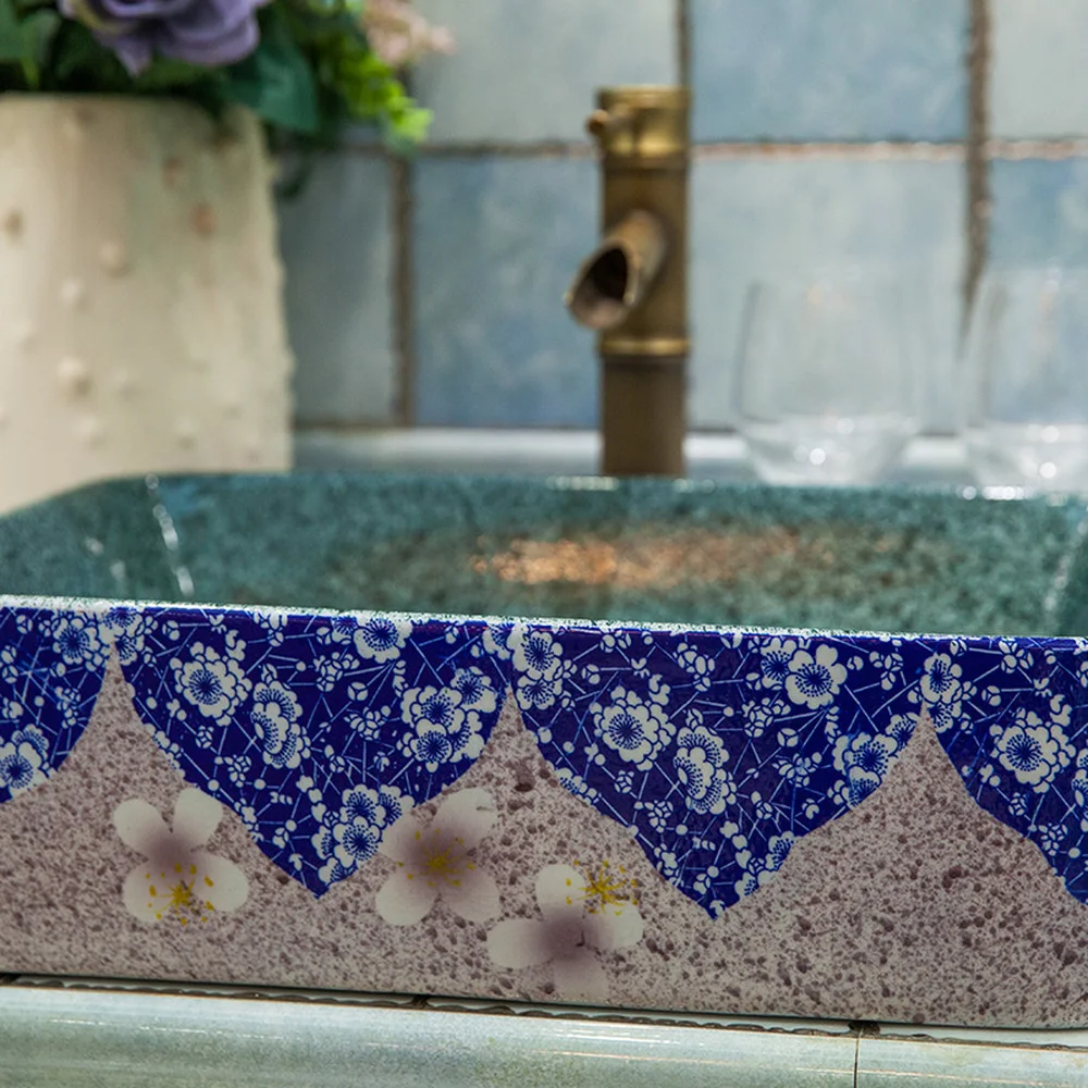 Qi ванная комната над столешницей раковина керамическая ванная раковина художественная умывальник синий и белый стеклянный LO6201107