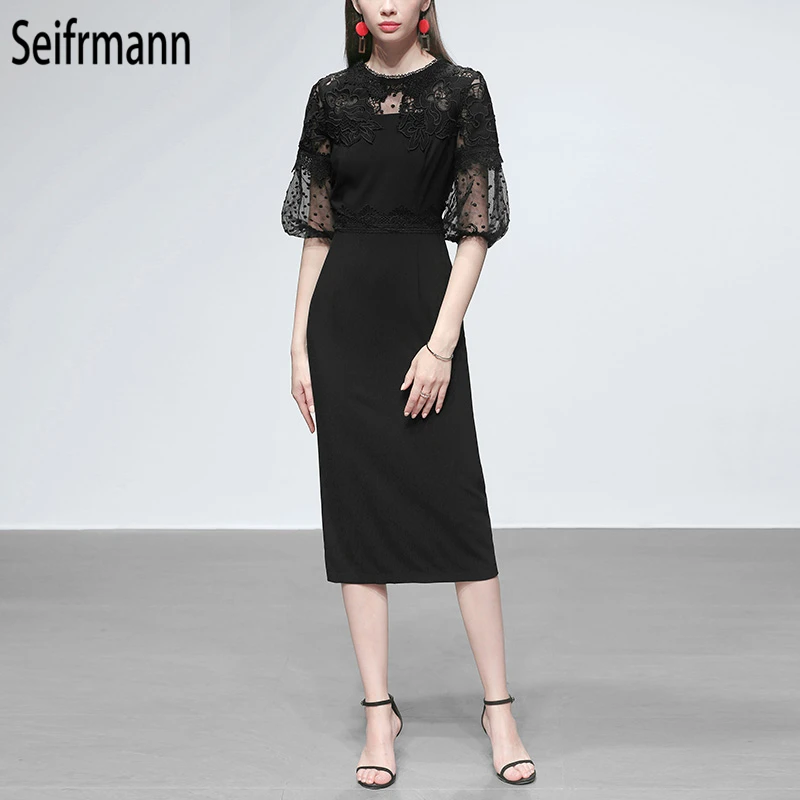 

Seifrmann New 2019 Spring Summer Women Dress Runway Fashion Designer Gorgeous Hollow Out Mesh Overlay Elegant Vintage Dresses