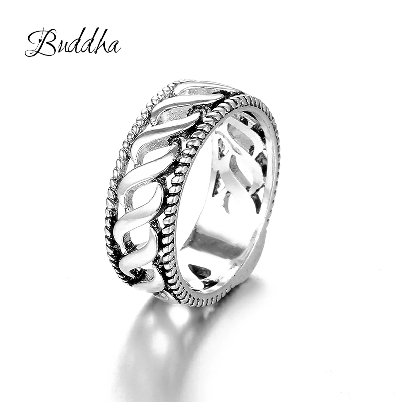 Buddha Ring Vintage 925 Sterling Silver Retor Design Heavy Duty Cuban Link Eternity Band Open Twisted Curb Chain Unisex Ring