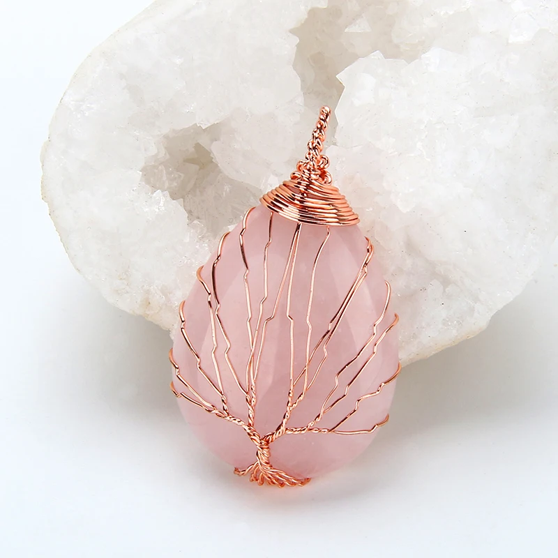 Pendentif en cristal en forme de goutte enveloppé arbre de vie fait à la main, quartz violet naturel, pierre d'opale, document en or rose, collier