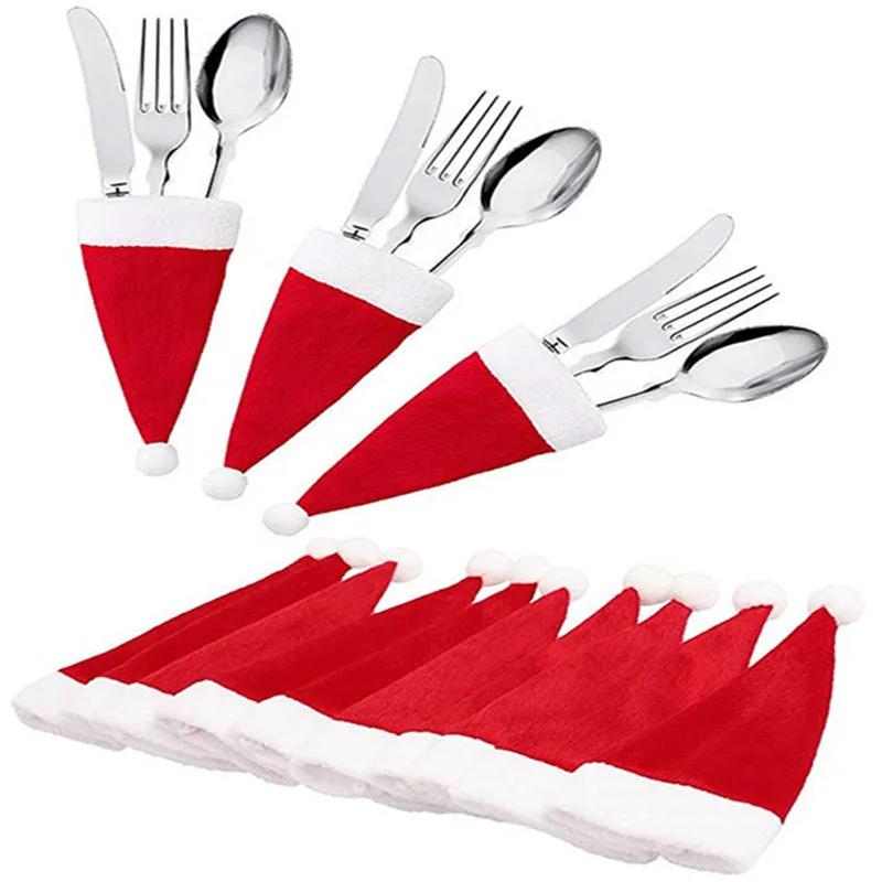 10Pcs/Set Christmas Red Santa Hats Silverware Holders Xmas Party Dinner