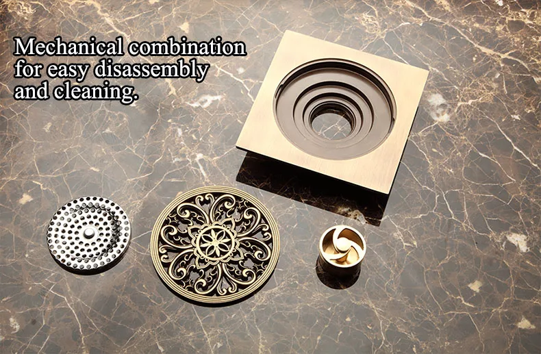 15 x 15 Square Bathroom Shower Drain Floor Drain Trap Waste Grate Antique Brass Grid Drain