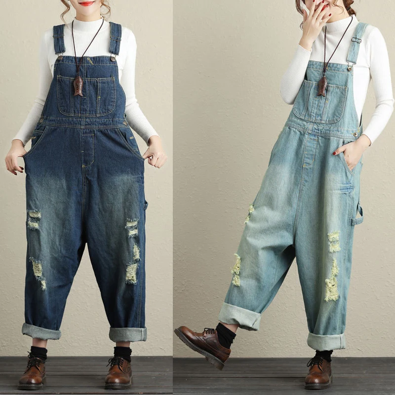 Free Shipping 2023 New Fashion Ladies Overalls Harem Pants High Quality Denim Jeans Loose Jumpsuits And Rompers Plus Size S-XL