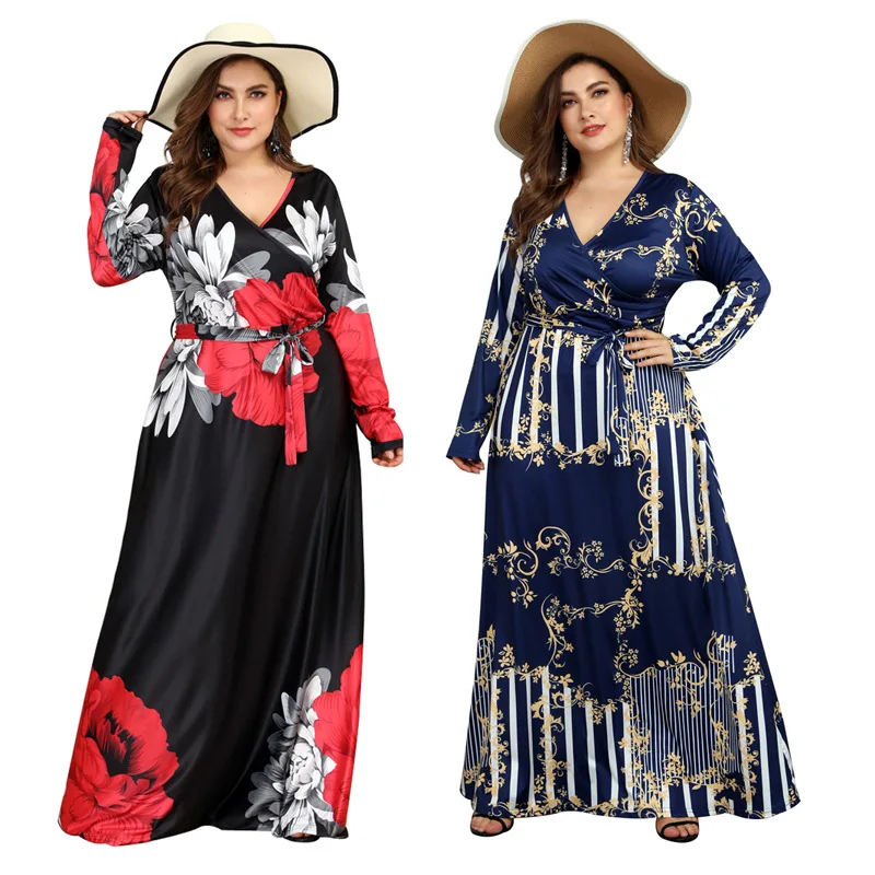 

WHZHM Flower Printed Celebrity Sashes Maxi Long Sleeve High Waist Plus Size 3XL 4XL Dress Women Party Robe V-Neck Dress Femme