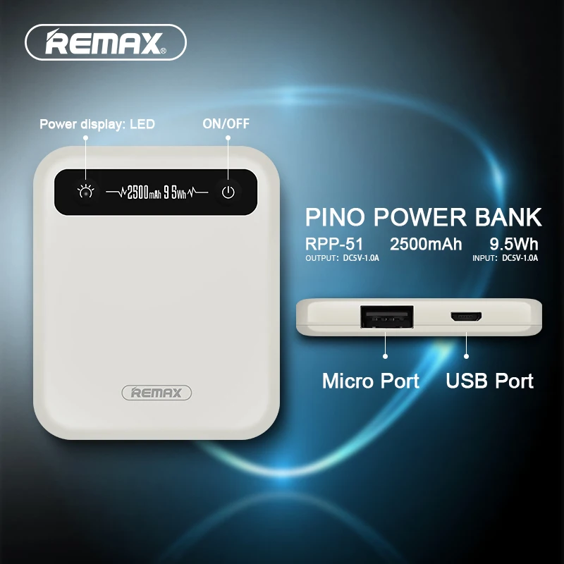 REMAX PINO Power Bank 2500mAh 9.5Wh Mini Portable Charger Polymer Battery External Battery Pack Power Bank for iphone Xiaomi