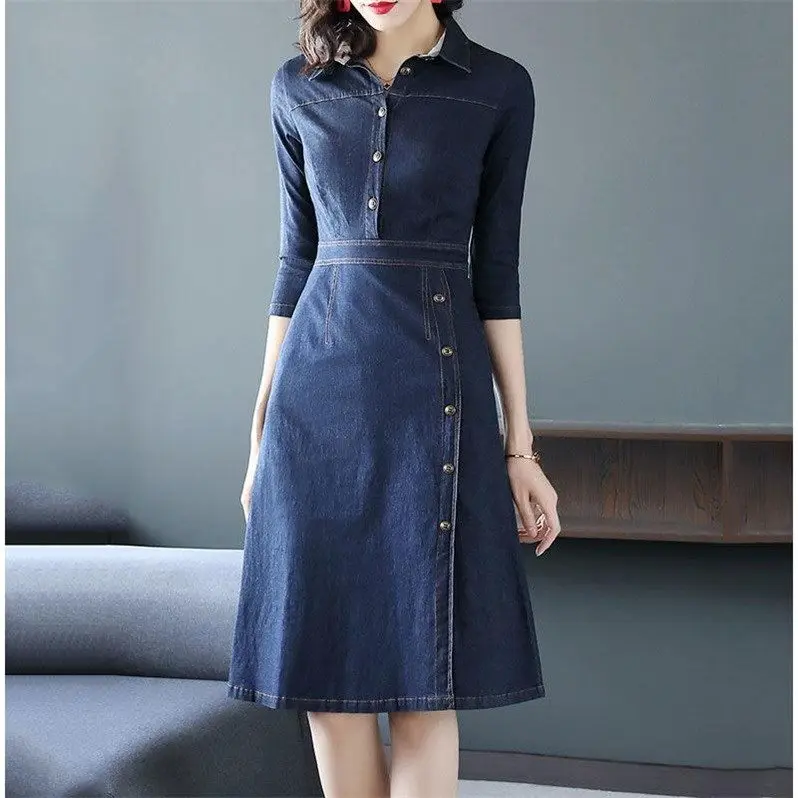 

Summer Spring Casual Office Ladies Women 3/4 Sleeve Slim Blue Denim Dress , Korean Womens Clothes 2019 Casual Jeans Dresses