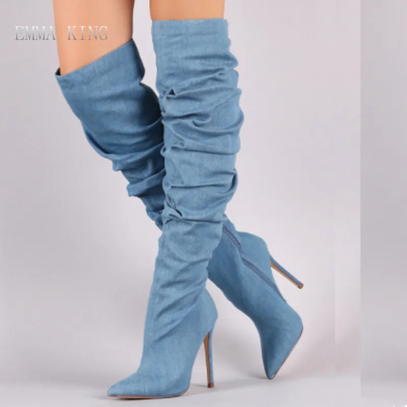 

Spring Denim Over The knee Boots Women Pointed Toe Stiletto High Heels Thigh high Boots Side Zipper Fashion Pleated Ladies Shoes