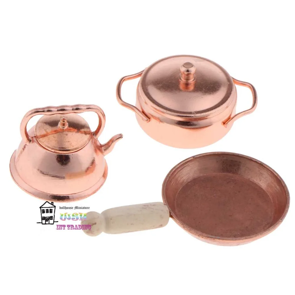 

1:12 Scale Dolls House Miniature 1.96" Coppery Frying Pan Pot Kettle Kitchen Cooking Kit Classic Toy 3 pcs Doll accessories