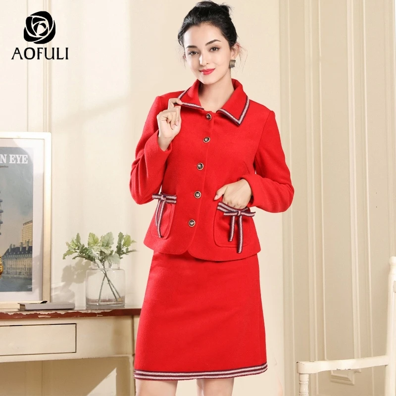 AOFULI L ~ 4XL 5XL женский шерстяной комплект с юбкой в английском стиле женские костюмы