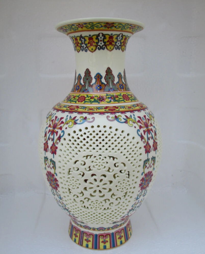 

H:11.5 inch Chinese Antique Openwork Porcelain Vase/Classic color Ceramic Vases /Double layer vase
