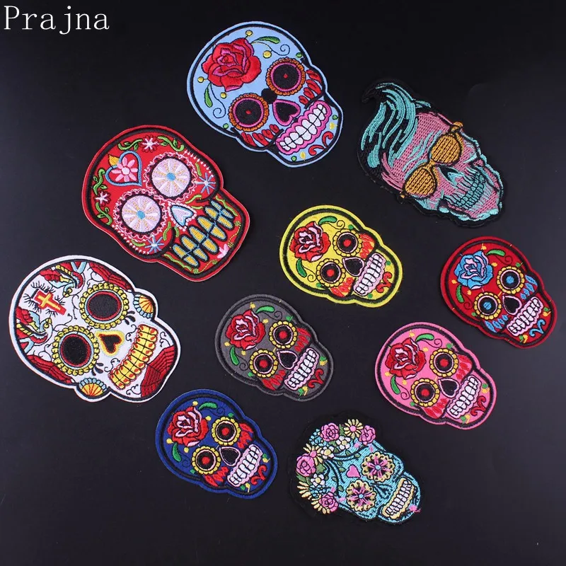 

Prajna Skull Rose Patch Applique Iron On Patches Punk Rock Patch Biker Embroidered Patches For Clothes Jacket Badge Stripes DIY