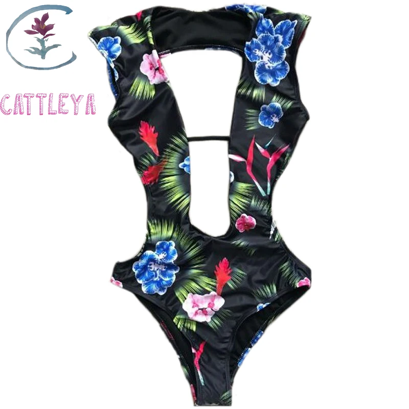 CATTLEYA Printed One Piece Swimsuit Women Monokini Low Cut Backless ...