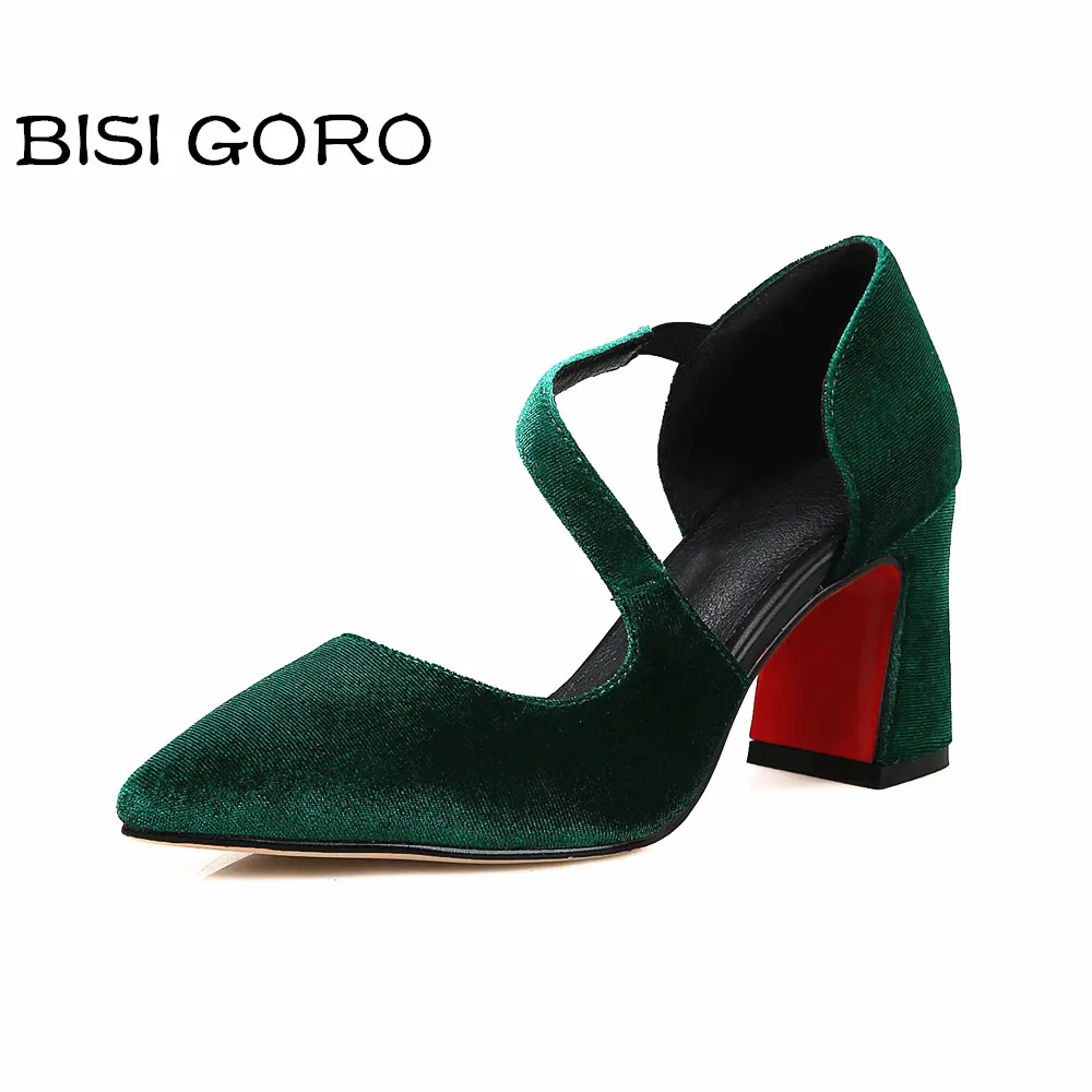 ФОТО BISI GORO thick heel pumps women pointed heels ladies shoes sexy elegant party dance shoes green black pumps womens shoes heels