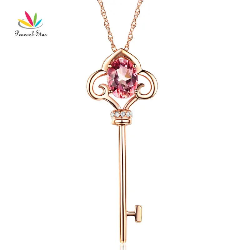 

Peacock Star 14K Rose Gold 2.5 Ct Pink Topaz Love Key Pendant Necklace 0.03 Ct Diamond