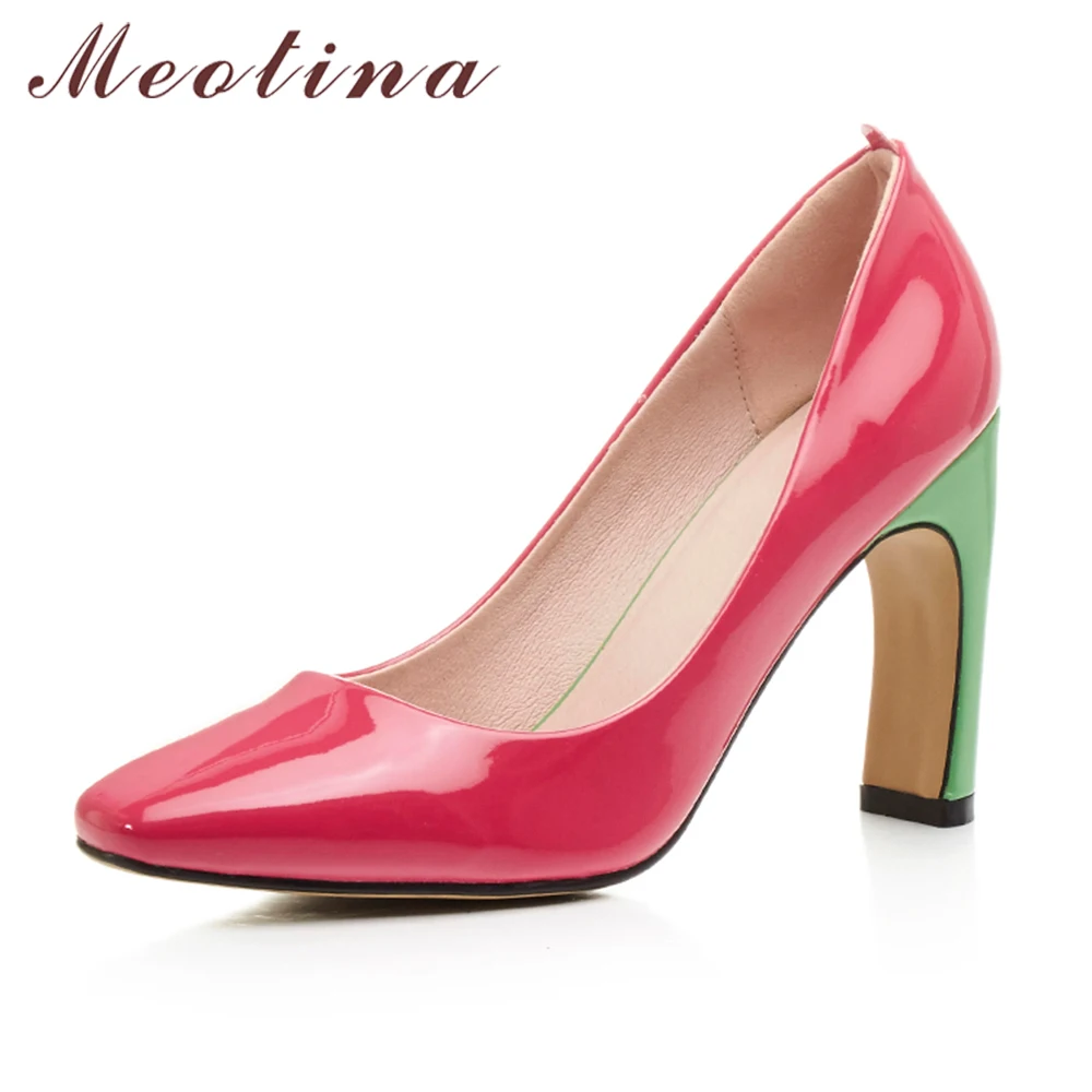 Meotina Shoes Woman 2017 New High Heels Autumn Ladies Pumps Square Toe Patent Leather High Heel Basic Shoes Black Red Size 34-43