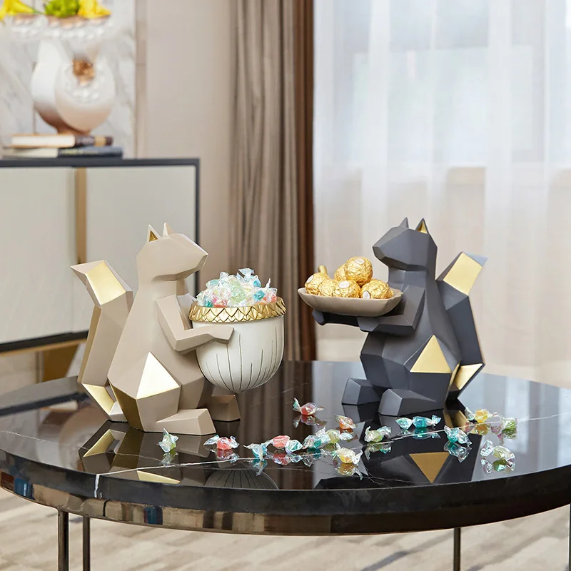 

Modern Creative Geometric Origami Squirrel Holding A Leaf Shape Plate Statue Home Decor Crafts Room Decoration Resin Figurines