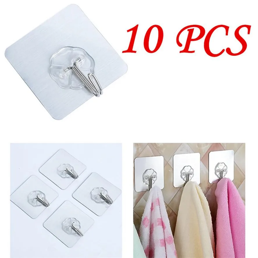 New 10Pcs Adhesive Wall Hooks High Quality Reusable Duty Sticky Hooks For Kitchen And Bathroom