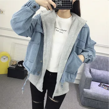 

Spring Autumn Korean Clothes Female Casual Denim Jacket Shirt Hooded Vest Short Jeans Jacket Coat Women Two Pieces Set Outwear
