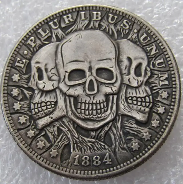 Special Offers US 1884 Morgan Dollar Three Heads Skull Zombie Skeleton Hand Carved Copy CoinsHigh Quality