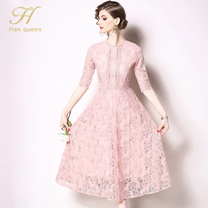 H Han queen, женские летние платья, открытые женские платья с коротким рукавом, с цветочным узором, вязанное крючком, повседневное розовое кружевное платье, Femininas Vestidos