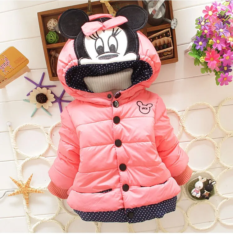 Куртка для маленьких девочек с Минни Маус; милое зимнее теплое Детское пальто; Новинка; хлопковый свитер с капюшоном; плотная верхняя одежда; одежда для детей