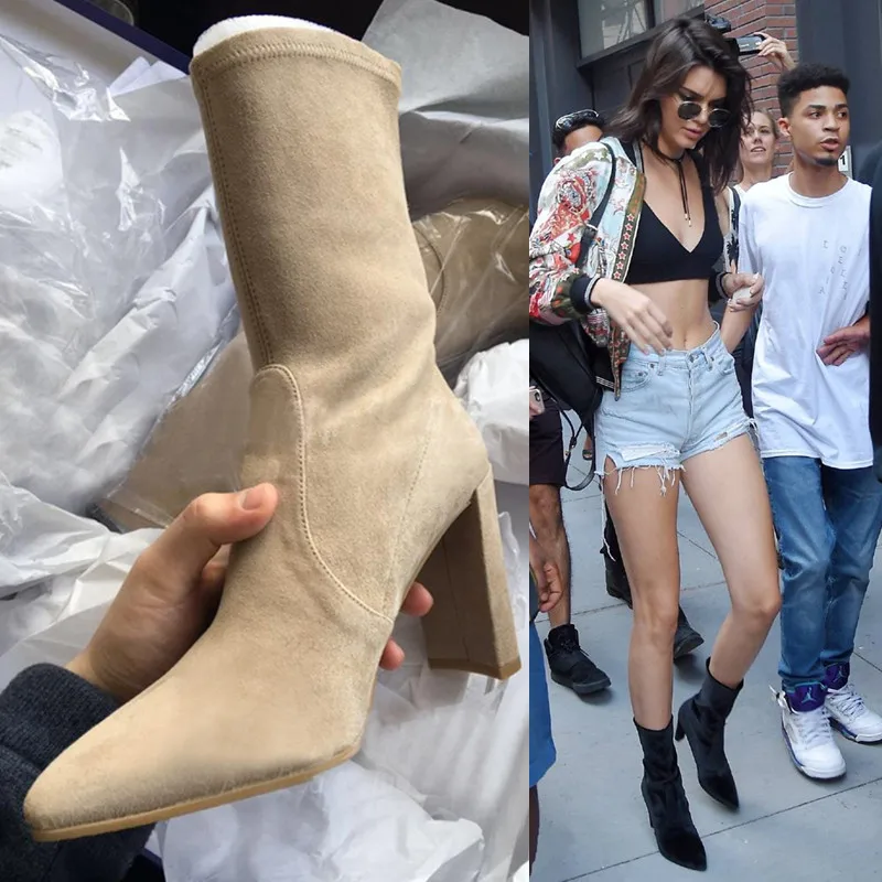 

2017 Promotion High Quality Pointed Toe High Heel Ankle Boots Slip On Elastic Booties Mujer Spring Autumn Party Dress Shoe Women