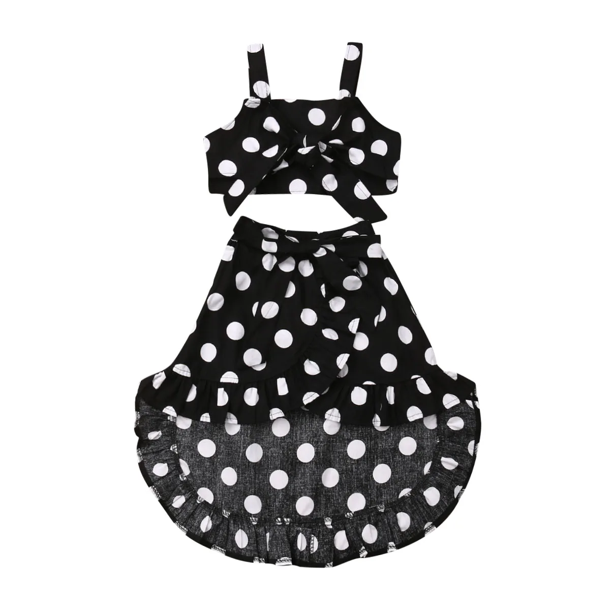 

Summer Toddler Kids Baby Girl Polka Dot Bowknot Crop Tops Irregular Long Skirt 2PCS Outfits Boho Girls Clothing Set