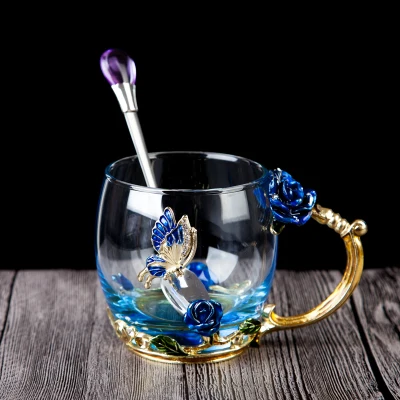 Красная роза, эмалированная Хрустальная чашка, цветочный чай, стекло высокого качества, стеклянная чашка для воды, кружка в цветочек с рукояткой, идеальный подарок для любимой свадьбы - Цвет: see chart