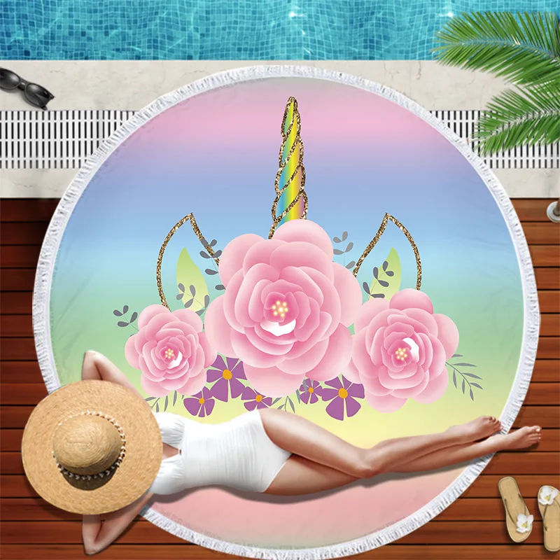 

Cartoon Unicorn 150cm Round Beach Towel Wall Tapestry Cute Flower Children's Bath Towel Microfiber Digital Printing Yoga Blanket