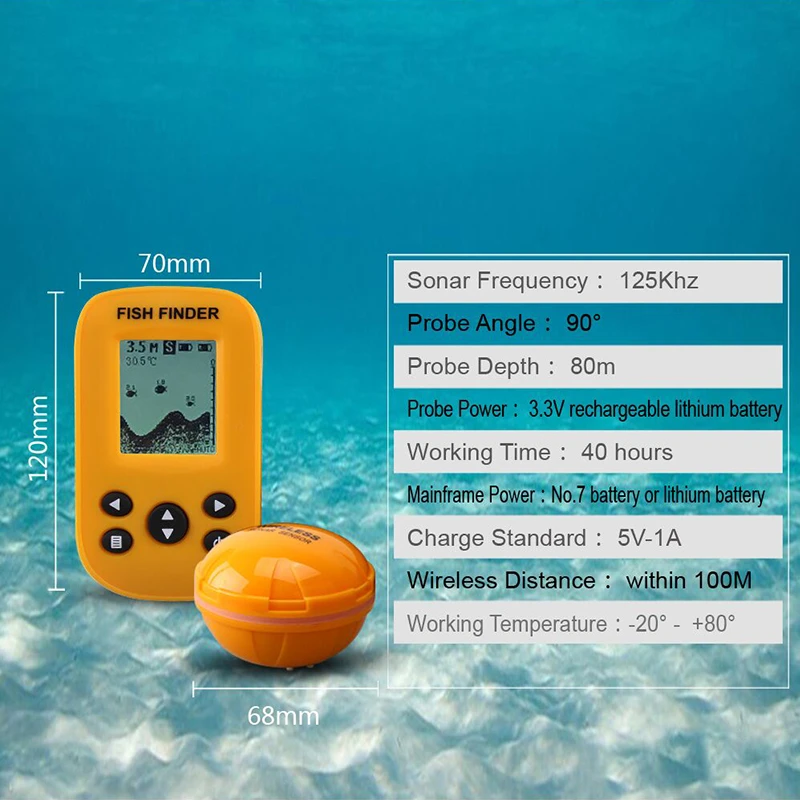 

Rechargeable Wireless Remote Sonar Sensor 80M Water Depth Sonar Fish Finder High Definition Dot Matrix LCD Fishing Fish Finder