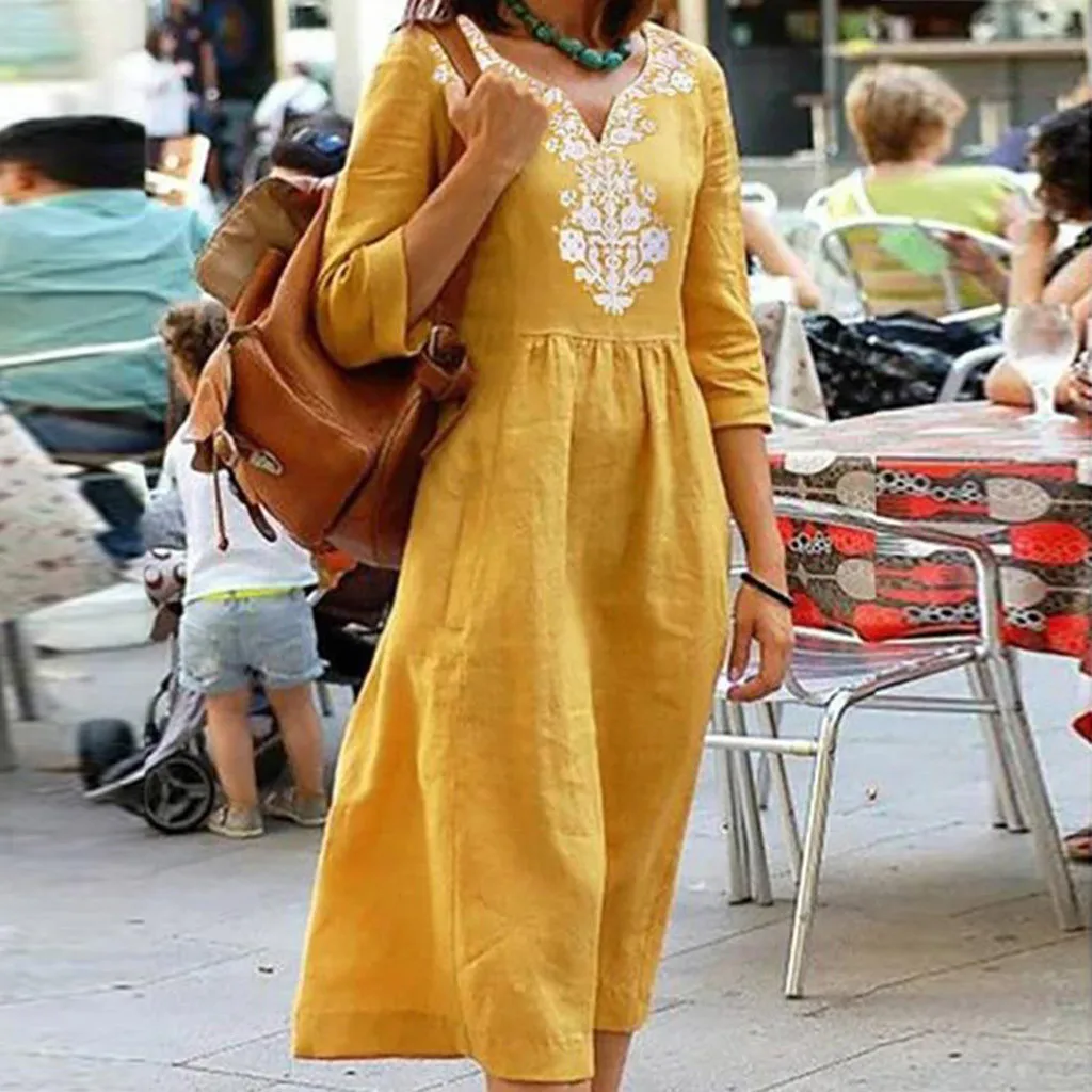 

Women Knee- Length Dress 2019 Summer Floral Print Women's Half Sleeve Casual National Style Loose Dress Style Dresses Vestidos