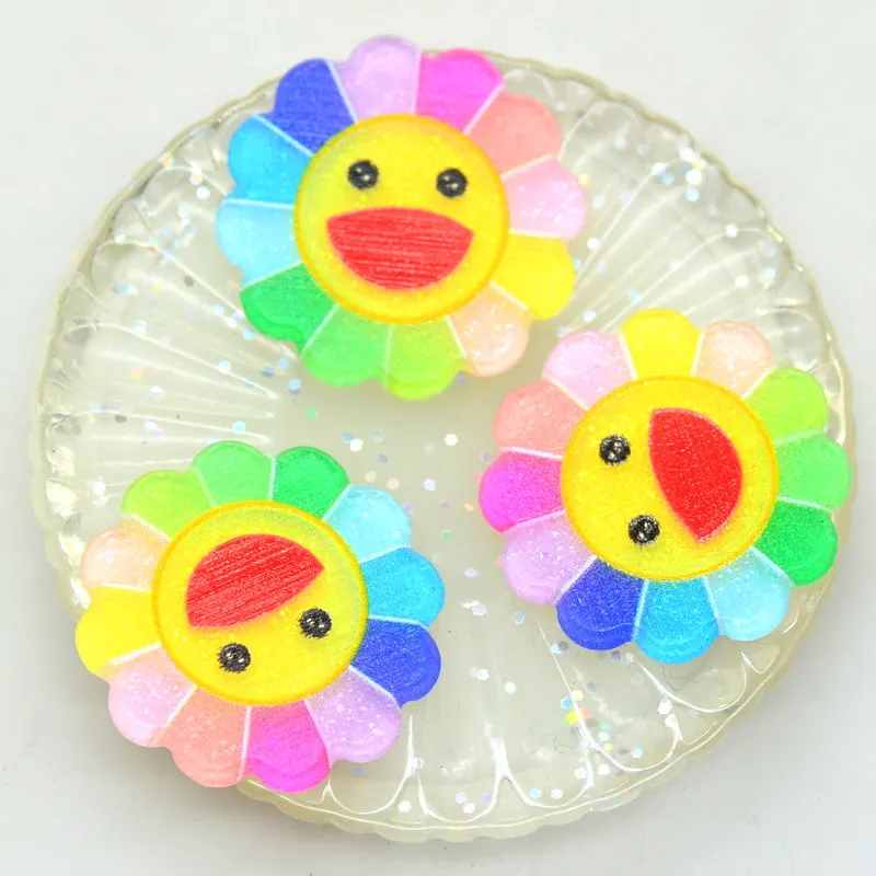 

10PCS Acrylic Flatback Rainbow Glitter Sunflower Smile Face Cabochons|Flatback Scrapbooking Miniatures|Sunflower HairBow Centers