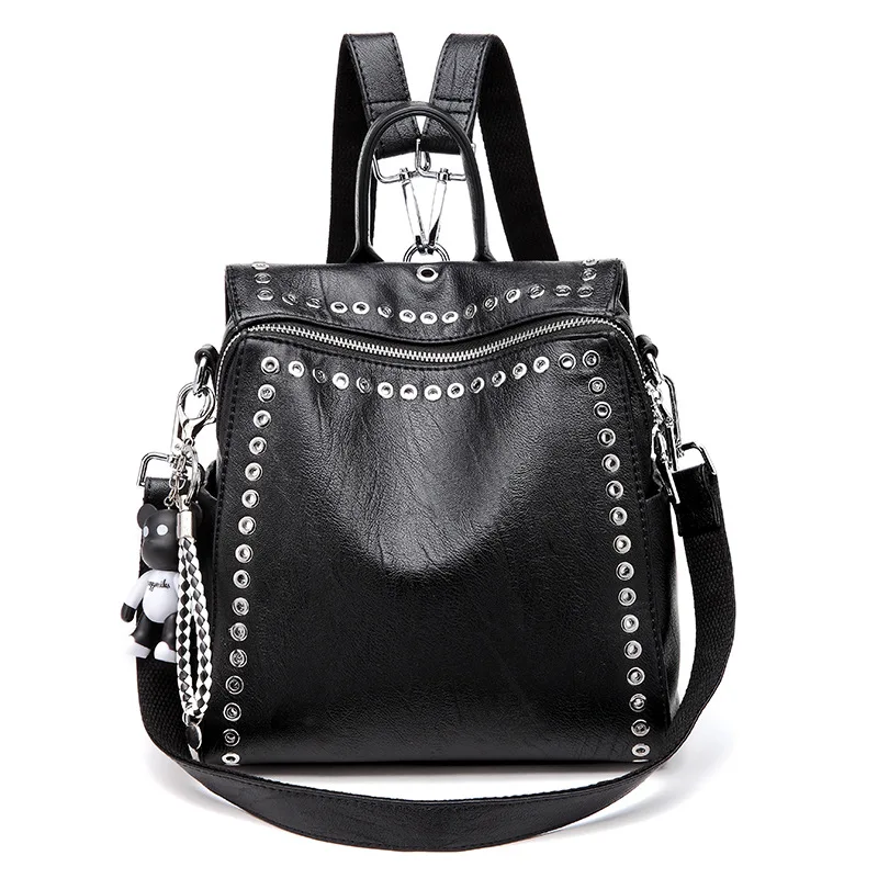 Womens Studded Casual Black Leather Backpack Fashion School Bags for