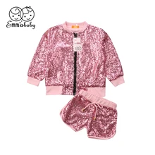 Детская розовая куртка с блестками для маленьких девочек+ шорты, одежда для малышей, Sz От 1 до 6 лет