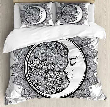 

Zodiac Duvet Cover Set Intricate Boho Ethnic Mandala Form with Crescent Moon Foreground Alchemy Symbol Bedding Set