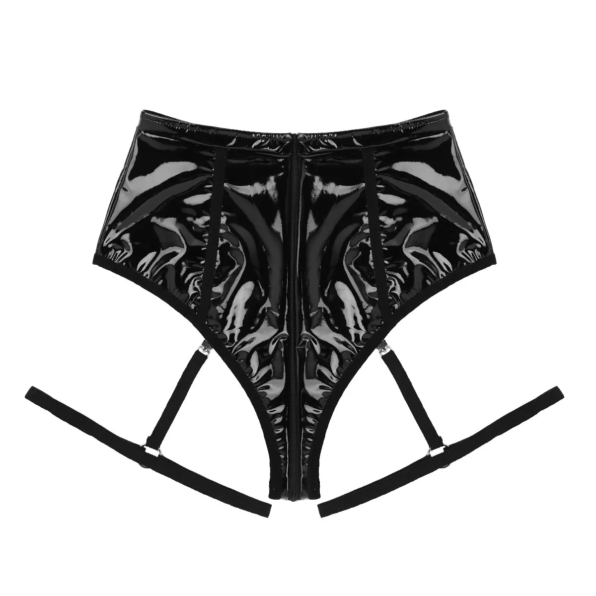 iiniim Womens Wet Look Sexy Clubwear Lingerie Parties High Waist Zippered Crotch Bikini Briefs Underwear with Leg Garters Band