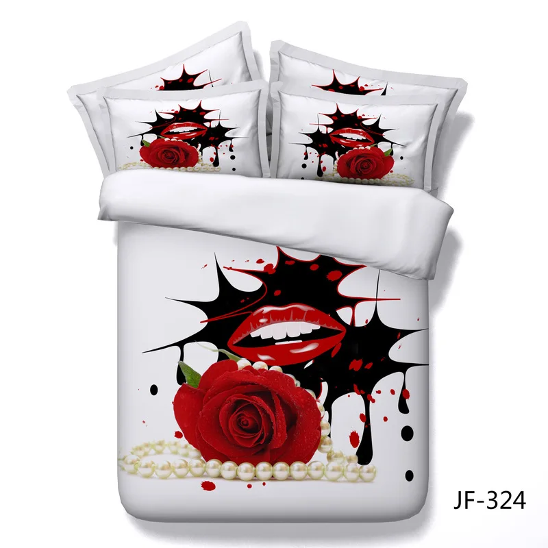 

3D Pearl sexy red lips Rose pattern bedding set Quilt duvet Cover+pillow case twin full queen king bed wedding Luxury textiles