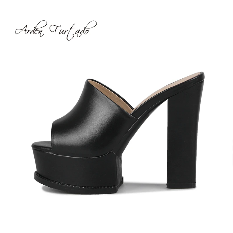 Arden Furtado 2018 summer platform high heels 12cm big size 40 41 peep toe slippers slides genuine leather white chunky | Обувь