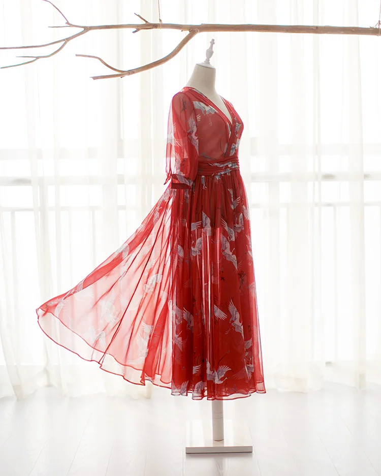 Винтажное длинное пляжное платье макси с полурукавами и принтом журавлей|print dress|a